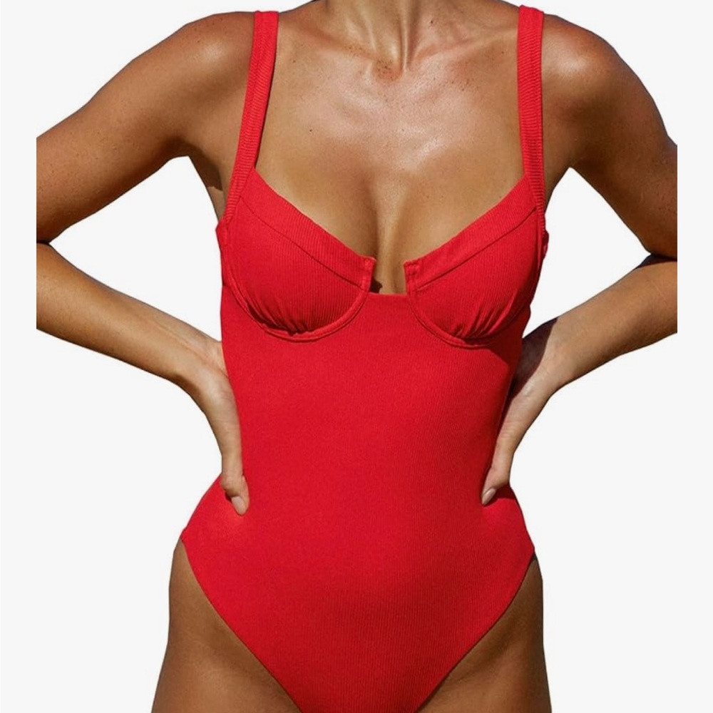 S BERLOOK Red Women's Contrast Trim Knotted Slimming One-Piece Swimsuit